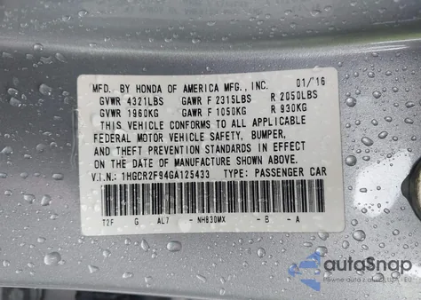 2016 Honda Accord Ex-L z USA, uszkodzony, nr VIN 1HGCR2F94GA125433